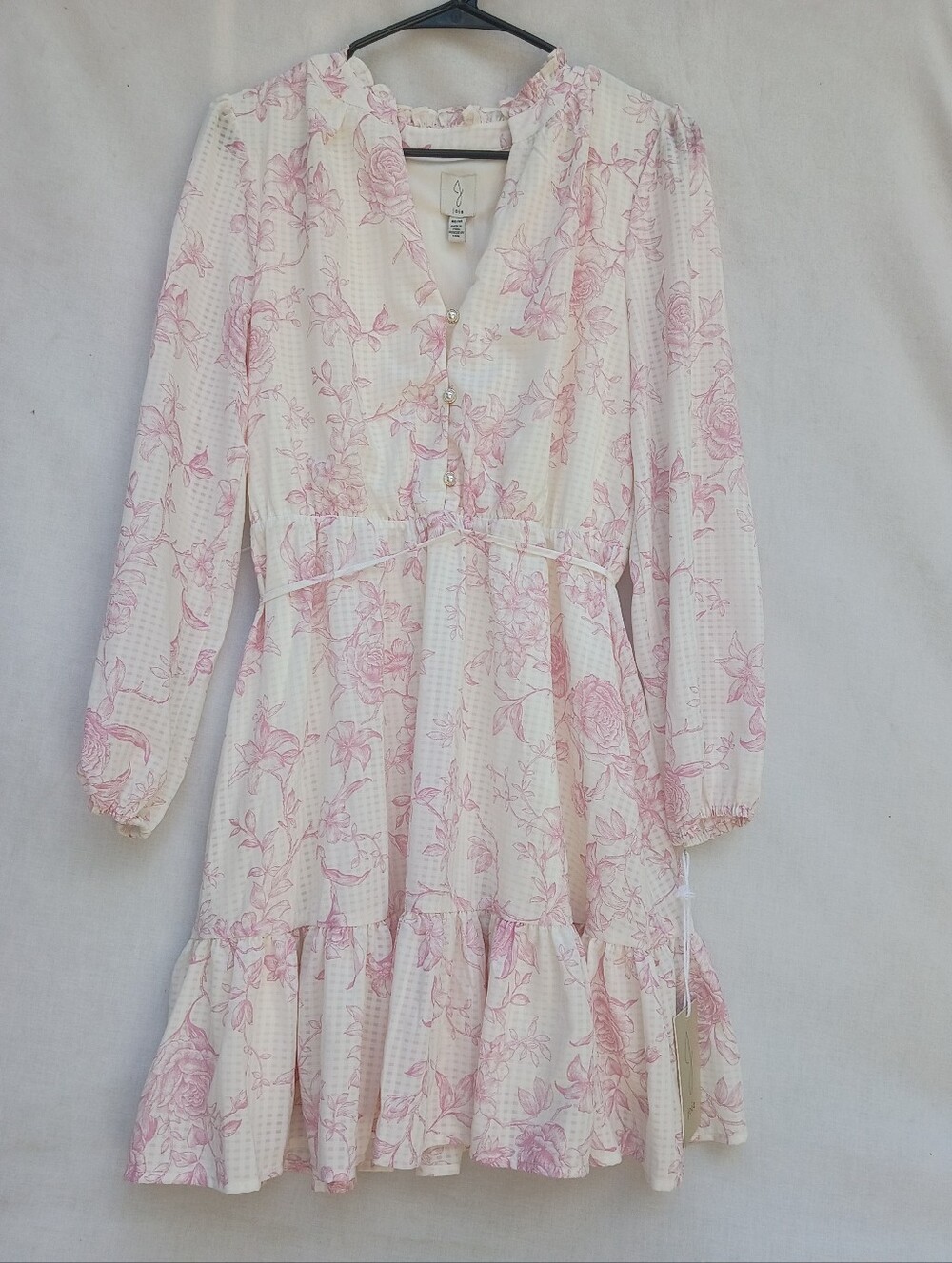 Joie Cream Coquette Dress w Pink Floral Accents Pearl Buttons V Neck Ruffle Hem